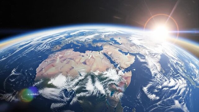 Sunrise over Africa with Earth from Space, Blue Planet, Orbit, and Global View.