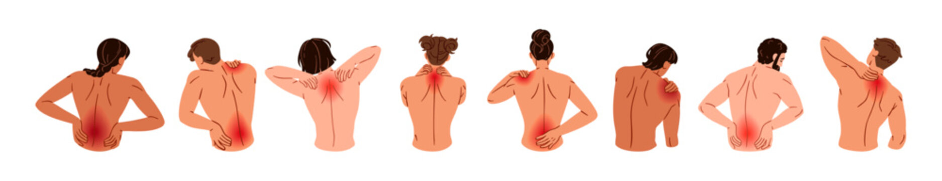 People with back pain rear view set. Men and women with aches in neck and waist. Red points of injuries, inflammation muscles and joints on bodies. Flat isolated vector illustrations on white