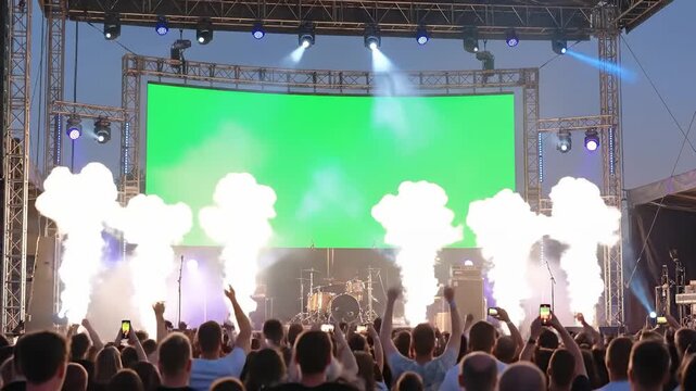 Vibrant Music Festival Crowd Cheers Before Green Screen Stage.