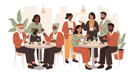 Diverse group of people enjoying coffee and conversation at outdoor cafe tables with cityscape background.