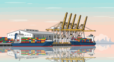 Two large cargo ships are docked at a busy port, being loaded and unloaded by massive yellow cranes.