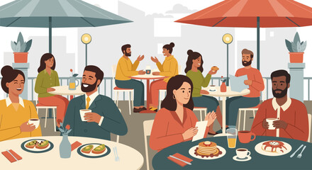 A diverse group of people enjoying meals and conversations at an outdoor cafe with umbrellas and city buildings in the background.