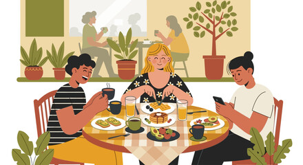 Three friends enjoying a meal together at an outdoor cafe, with two of them looking at their phones.