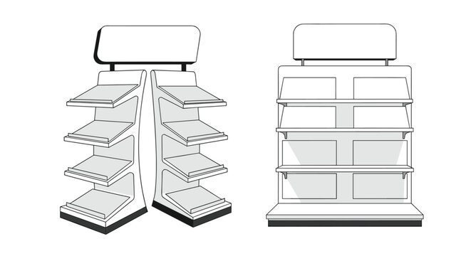 Set of empty retail shelving display units including curved side rack and standard gondola shelf for store layout and product presentation planning.