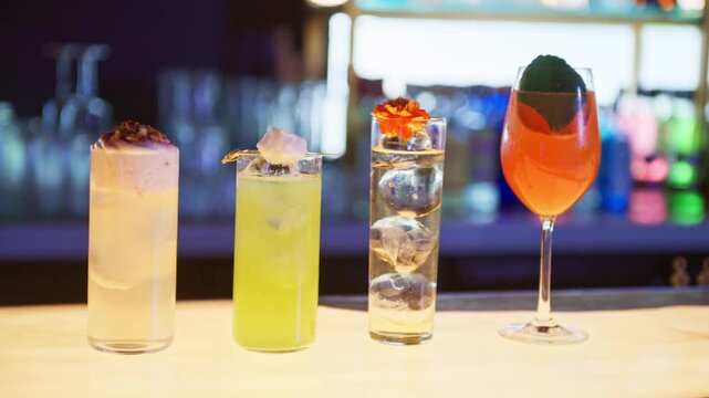 Colorful alcoholic cocktails displayed on bar counter