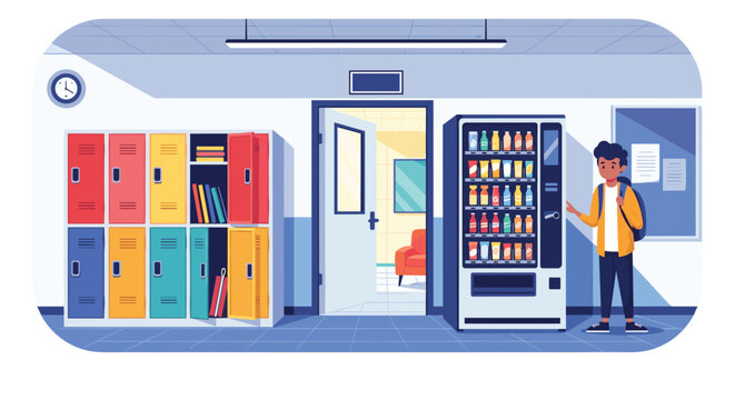 Young student with backpack standing at school hallway vending machine next to colorful lockers and open classroom door for campus life concept.