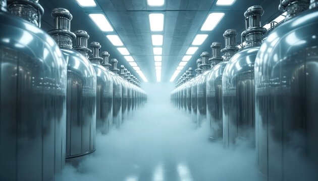 Rows of cryogenic storage tanks filled with liquid nitrogen create dense fog. Large industrial facility houses metal cylinders under bright lights. Gas cooling system for scientific research,
