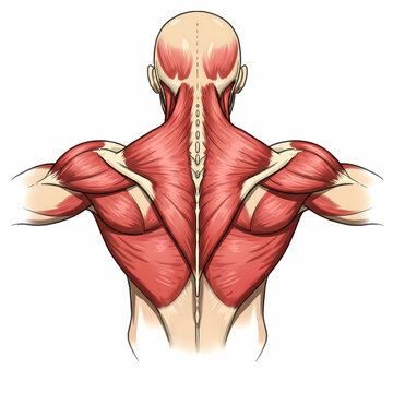 Human back muscle anatomy illustration showing trapezius and latissimus dorsi
