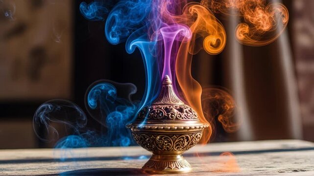 Incense burner with colorful smoke. Spiritual, aromatherapy and meditation concept for relaxation and wellness. Decorative pot with vibrant vapor effect.	
