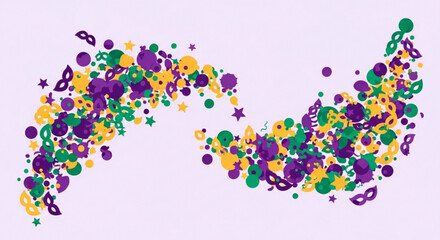 Fototapeta premium Vibrant mardi gras confetti and masks in purple green and gold festive party decoration elements