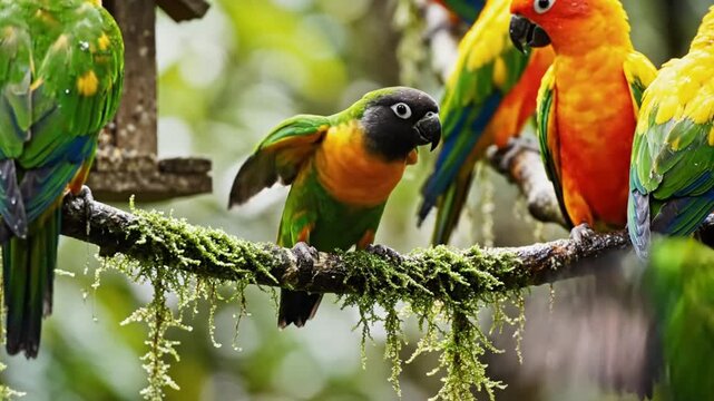 Colorful parrot spreading its wings on a branch with other bright parrots in their natural environment