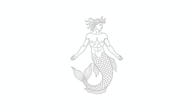 Mythical Merman Illustration: Muscular Male Mermaid with Fish Tail, Ancient Mythology Art