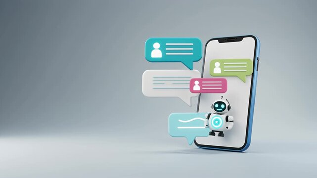 Robot chatting on a mobile phone with colorful speech bubbles around it in a modern digital communication scene