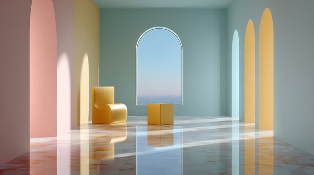 Room with a yellow chair and a gold box