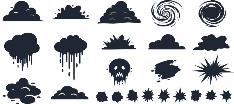 Dark cloud silhouette vector set with mysterious black fog swirling vortexes dripping skull icons and atmospheric smoke shapes for spooky game background design elements.