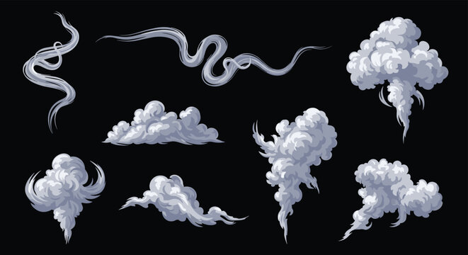 Assortment of smoke and cloud formations features wispy trails and billowing plumes against a solid black background effect.