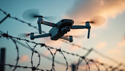 Obraz premium Drone flies near barbed wire fence at twilight. Aerial surveillance vehicle monitors border. Automated quadcopter uses camera for observation and security.