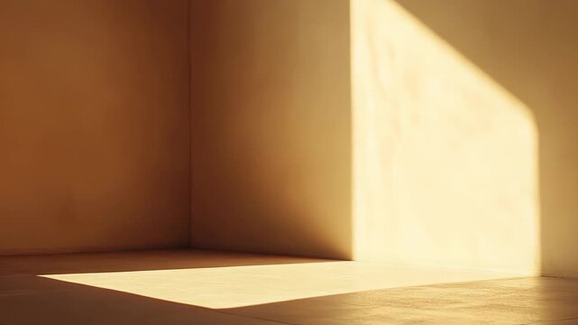Sunlight beams illuminating an empty minimalist room corner with warm light, creating graphic shapes and long shadows on the wall and floor, evoking feelings of serenity and space