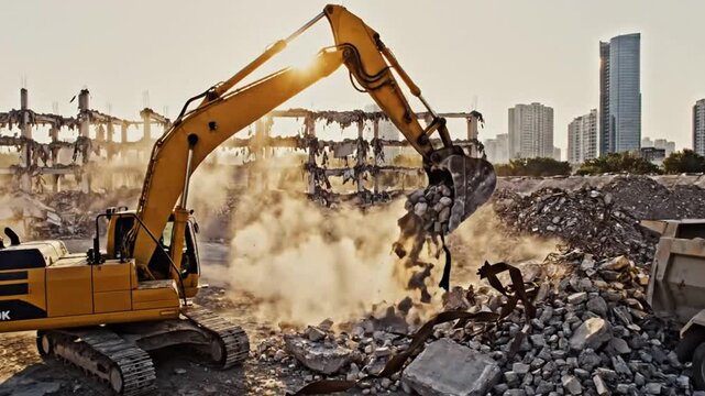 Heavy excavator loading debris from a demolished building site, creating a dust cloud with cityscape backdrop