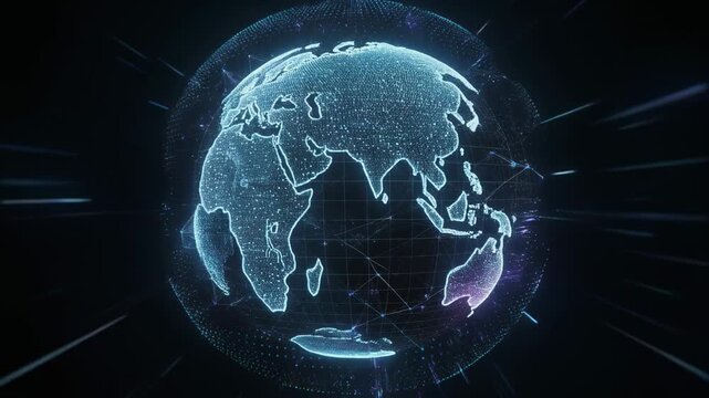 Futuristic digital globe with glowing network connections highlighting continents and global technology concept