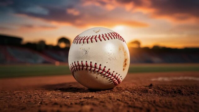 Close up of a baseball on a dirt field at sunset in a stadium with glowing lights