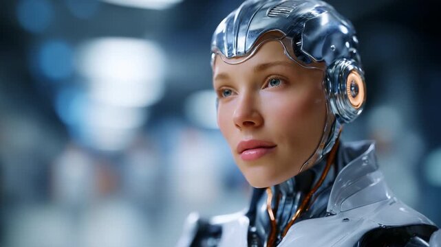 Futuristic humanoid robot with a sleek metallic design and expressive features, showcasing advanced robotics technology in a modern, high-tech environment.