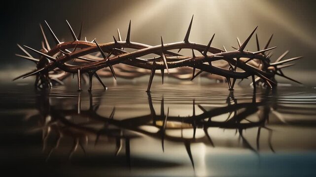 Close up of a thorn crown reflecting on water with dramatic light and shadow in dark background