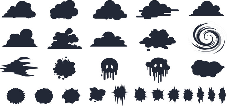 Dark smoke cloud vector set with mysterious black fog silhouettes dripping skull icons swirling vortexes and jagged shadow shapes for atmospheric game design elements.