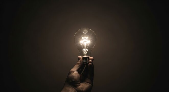 Lit bulb held by hand in darkness, glowing softly