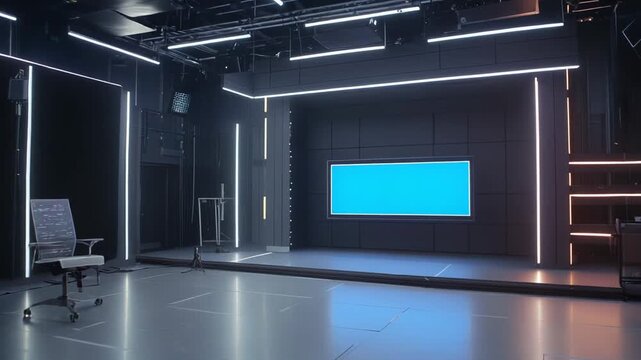 Modern television studio interior featuring professional video production equipment, camera, lighting, and an empty stage ready for a live broadcast, creating a sense of anticipation