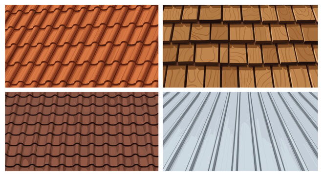 Four distinct textures for roofing materials include clay tiles, wooden shingles, and corrugated industrial metal sheets.
