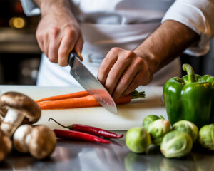 Obraz premium Chef chopping vegetables on a cutting board in a professional kitchen