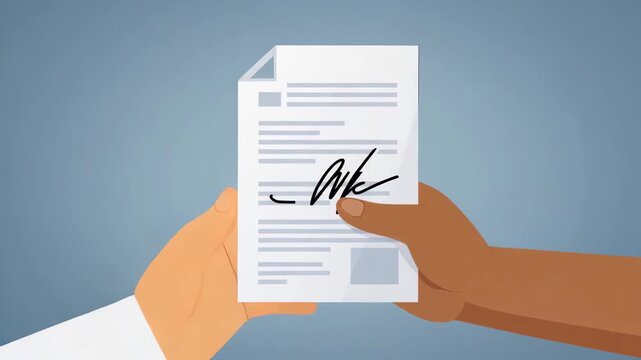 Animated hands exchange signed legal document cartoon style agreement approval concept contract conclusion illustration with isolated blue background