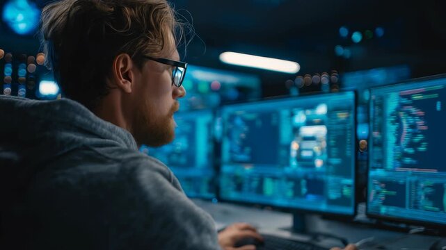 Focused young programmer working late at night in a modern office, analyzing code on multiple computer monitors. The scene captures dedication and advanced technology in action