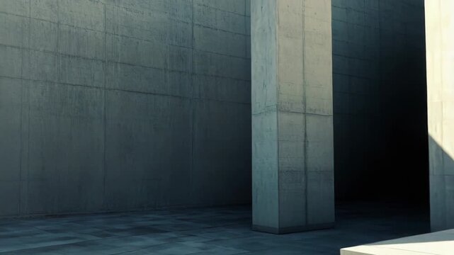Brutalist concrete walls and steps in stark sunlight and deep shadow, highlighting geometric lines, minimalist forms and rough texture in a modern urban exterior composition