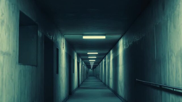 Dark concrete hallway stretching into the distance, illuminated by a series of fluorescent lights, creating a deep and unsettling perspective with an empty, confined atmosphere