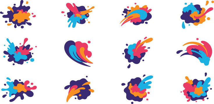 Vibrant colorful paint splash vector set with dynamic liquid bursts abstract pop art shapes and creative messy ink blotches for festive digital background design elements.