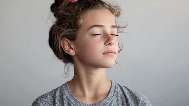 Calm young girl with closed eyes practicing mindfulness and relaxation against a neutral background. Peaceful expression reflects inner tranquility and emotional balance in a serene setting
