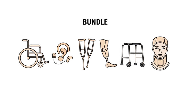 Disability Aids Icons: Wheelchair, Prosthetic, Crutches, Walker, Hearing Aid