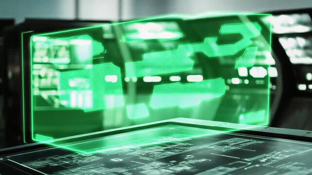 Digital interface on a smart surface showing abstract scientific data and schematics, providing advanced command capabilities within a high tech facility