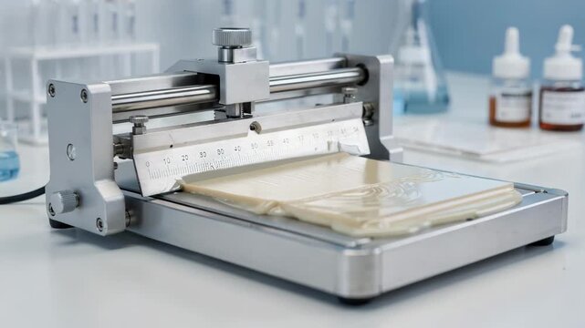 Medium shot of a benchtop knife coater applying uniform liquid layers onto test strips in a controlled laboratory environment for precise coating simulations.