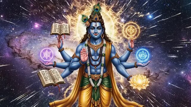 Experience the divine splendor of the cosmic preserver, Lord Vishnu, an ethereal multi-armed deity radiating universal energy and ancient wisdom amidst a celestial expanse