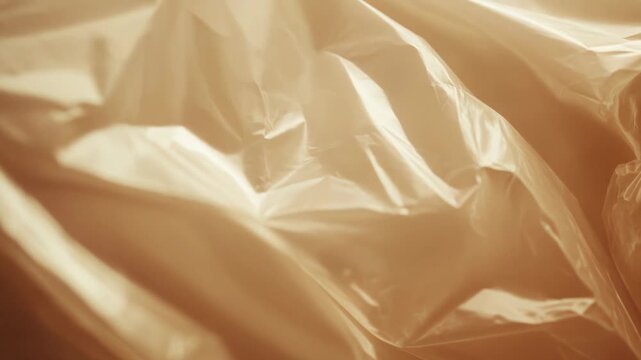Crumpled plastic sheet reflecting warm light, creating an abstract background texture with shadows and highlights emphasizing the material creases and wrinkles
