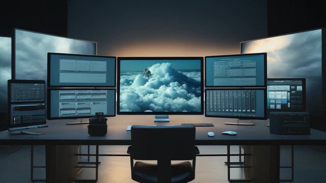 Advanced workstation featuring a multi monitor setup and control room environment, displaying data, information, and cloudscapes, symbolizing innovation and future technology