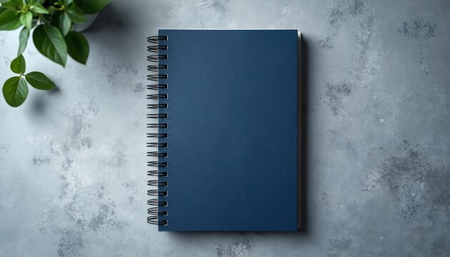 Dark blue spiral notebook lies on textured gray surface. Minimalist stationery for notes journaling or planning. Blank pages ready for creative ideas or study.