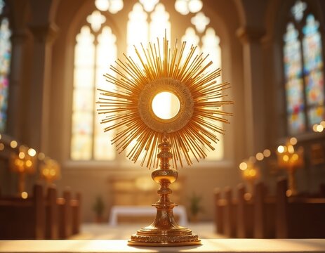 Golden monstrance on altar in church interior. Sacred vessel with holy host displayed. Sunlight through stained glass windows. Catholic worship and adoration.