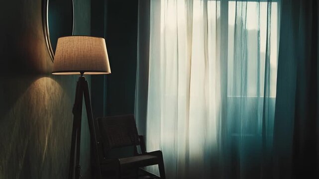 Minimalist interior with a warm floor lamp glow on a dark wall, a simple chair and sheer curtains diffusing daylight from a large window, creating a calm, cozy atmosphere