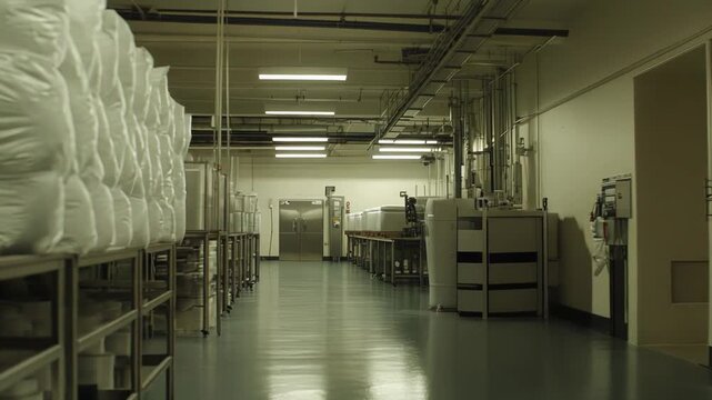 Production facility hallway with industrial equipment and stacked bags of product along shelving, presenting a clean and organized manufacturing environment