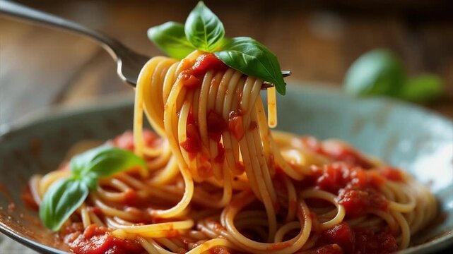 Close-up of spaghetti with tomato sauce, basil, and a fork, in a shallow bowl