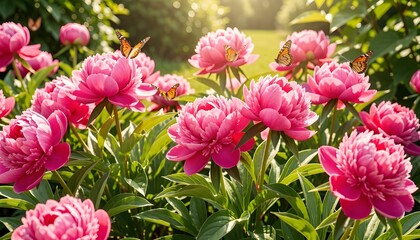 Peony Paradise: A vibrant cluster of peony blossoms unfolds in a sun-drenched garden, their delicate petals and fluttering butterfly creating a symphony of color and life. 